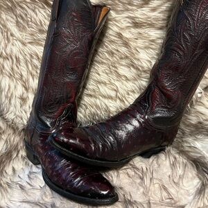 LUCCHESE WOMEN TOP QUALITY OSTRICH & LEATHER COWGIRL BOOTS-BLK CHERRY-Sz 8 B